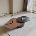 Modern Coffee Table With Black And Wooden Hexagonal Design And Plant Magazine On Gray Rug