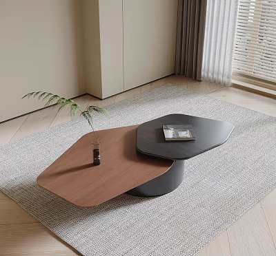 Modern Coffee Table With Black And Wooden Hexagonal Design And Plant Magazine On Gray Rug 3d model