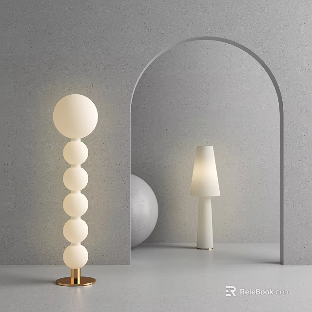 White Stacked Spherical Floor Lamp With Gold Base And Conical Shade In Gray Arched Space 3d model 