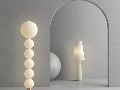 White Stacked Spherical Floor Lamp With Gold Base And Conical Shade In Gray Arched Space 3d model