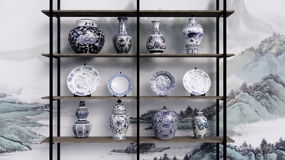Traditional Blue and White Ceramic Wares on Wooden Display Shelf with Landscape Painting Background 3d model 