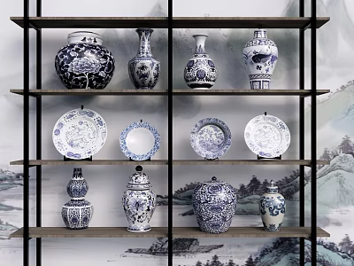 Traditional Blue and White Ceramic Wares on Wooden Display Shelf with Landscape Painting Background 3d model