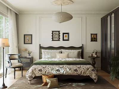 Elegant Bedroom Interior Design With Green And White Bedspread Framed Art Pendant Light And Rug 3d model