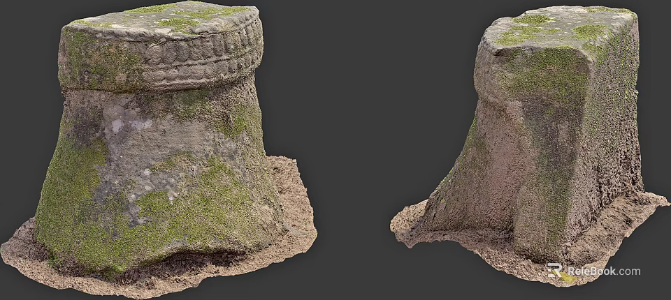 Rustic Stone and Wood Pedestals Featuring Mossy Surfaces Carved Detailing and Earthy Base 3d model 