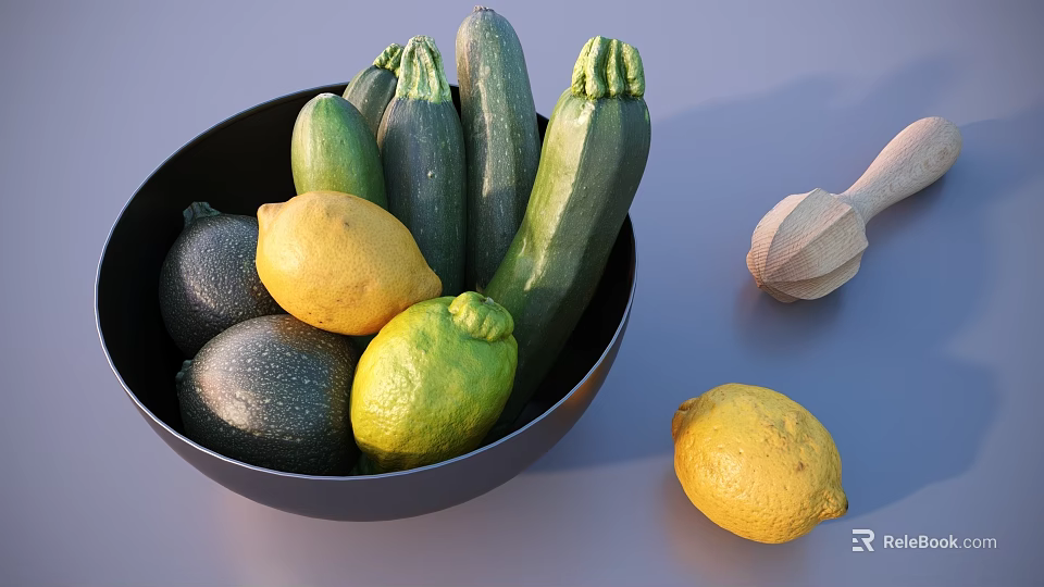 Fresh Zucchini and Lemons in Black Bowl with Wooden Juicer and Extra Lemon 3d model 