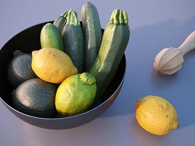 Fresh Zucchini and Lemons in Black Bowl with Wooden Juicer and Extra Lemon 3d model