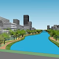 Modern Office Buildings In Urban Area With River And Green Landscape Features