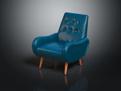 Blue Leather Armchair With Button Tufted Design And Wooden Legs 3d model
