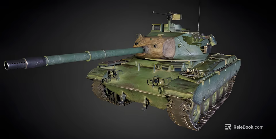 Military Green Camouflage Tank With Long Barrel Tracks And Turret Design 3d model 