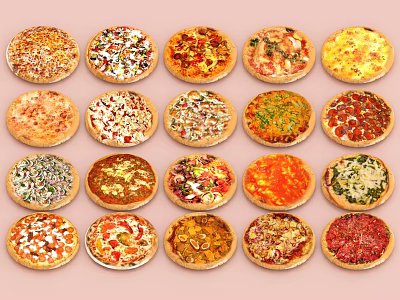 Various Delicious Pizzas With Different Toppings Arranged Neatly On Pink Background 3d model