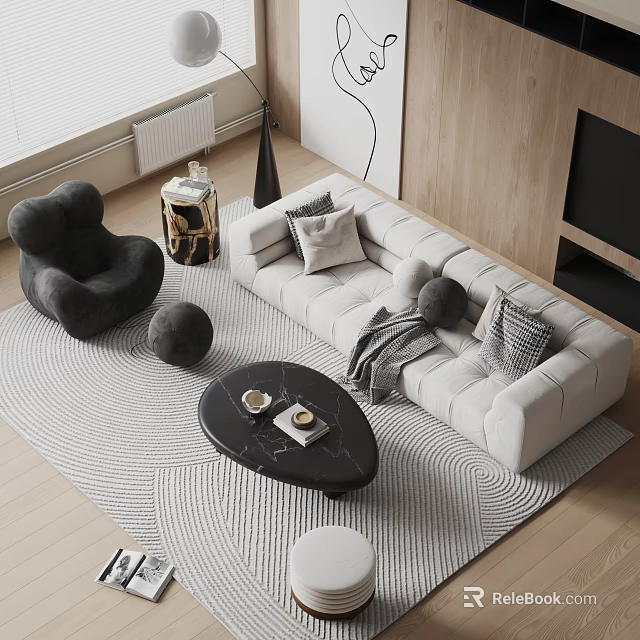 Modern Sofa And Coffee Table Set With Soft Pillows Textured Rug And Decorative Accents 3d model 