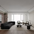 Modern Living and Dining Room Interior With Black Sofa Coffee Table and Large Window 3d model