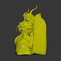 Artistic Characters And Horned Creature Embracing With Long Hair Golden Decorations And Flowing Attire
