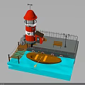 Traditional Wooden Rowing Boat Near Red Lighthouse Dock With Bench And Street Lamp