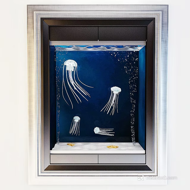 Stylish Aquarium Display With White Jellyfish Deep Blue Background Bubbles And Golden Decorations 3d model 