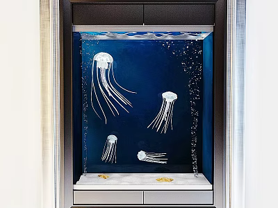 Stylish Aquarium Display With White Jellyfish Deep Blue Background Bubbles And Golden Decorations 3d model
