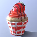 Delicious Cupcake With Red Cream Strawberry Decoration Chocolate Drizzle And Red White Checkered Paper Cup