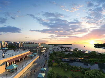 Commercial Waterfront Landscape at Sunset with Cloudy Sky Pedestrian Terraces Umbrellas and Greenery 3d model
