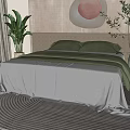 Cozy Modern Double Bed With Green Pillows White Bedspread Round Wall Decor And Indoor Plants