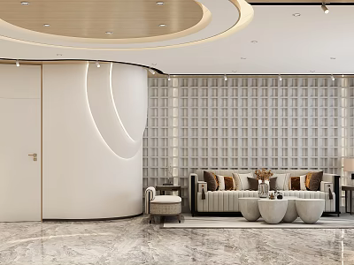 Modern Hotel Lobby Interior Design With Circular Ceiling Lattice Wall And Marble Floor 3d model