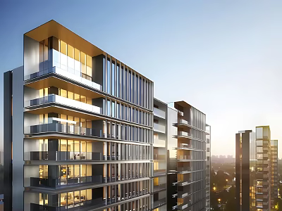Modern High Rise Apartment Building with Glass Facade Balconies and Evening Lights 3d model