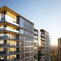 Modern High Rise Apartment Building with Glass Facade Balconies and Evening Lights