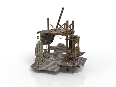 Weathered Wooden Structure With Rock Base Steps And Cross Beams 3d model