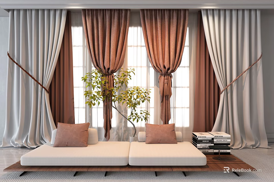 Elegant Velvet Brown And Light Gray Curtains For Window With Sofa Cushions And Green Plant 3d model 