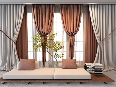 Elegant Velvet Brown And Light Gray Curtains For Window With Sofa Cushions And Green Plant 3d model