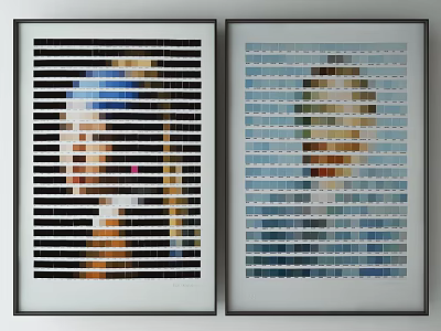 Two Framed Portrait Artworks With Striped Grid Design And Modern Wall 3d model