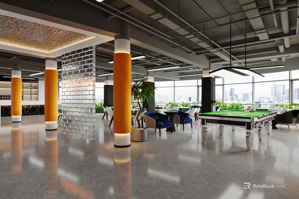 Modern Clubhouse Interior With Pool Table Orange Pillars And Glass Brick Wall 3d model 