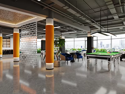 Modern Clubhouse Interior With Pool Table Orange Pillars And Glass Brick Wall 3d model