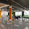 Modern Clubhouse Interior With Pool Table Orange Pillars And Glass Brick Wall