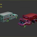 Red and White Ambulance and Fire Truck with Emergency Gear and Medical Symbols