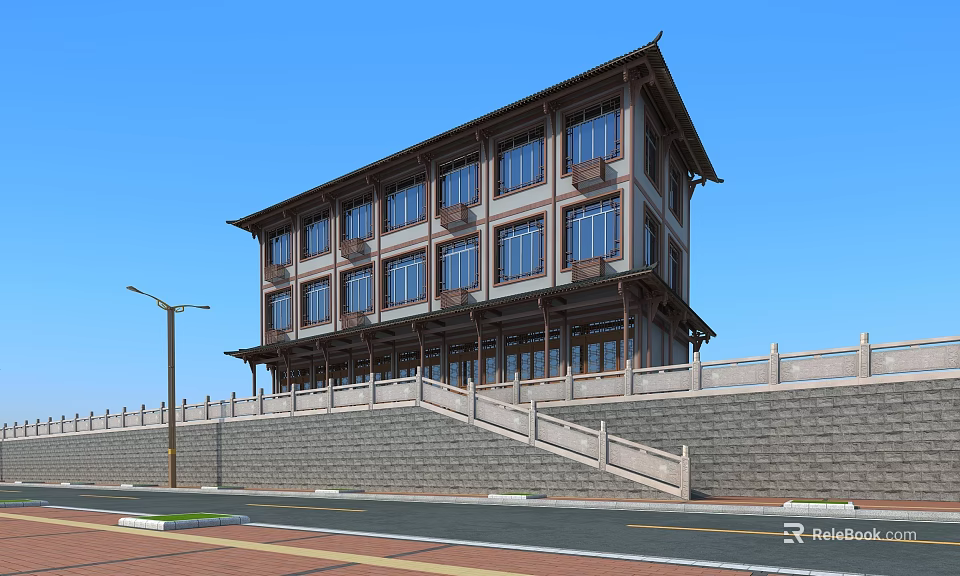 Traditional Ancient Building With Multi Story Structure Wooden Windows And Stone Steps 3d model 