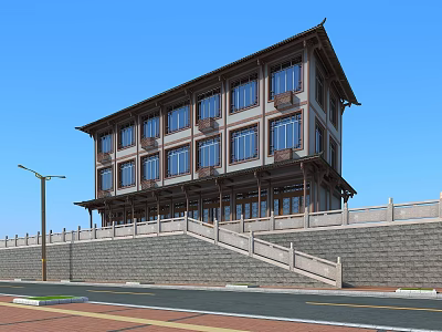 Traditional Ancient Building With Multi Story Structure Wooden Windows And Stone Steps 3d model
