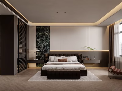 Elegant Modern Bedroom Interior With Marble Backdrop Area Rug And Decorative Plant 3d model
