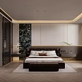 Elegant Modern Bedroom Interior With Marble Backdrop Area Rug And Decorative Plant