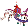 Colorful Outdoor Playground Equipment With Purple Slides Climbing Net And Circular Platforms