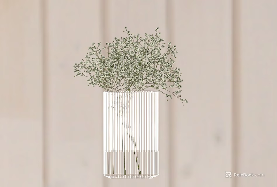 Transparent Vertical Striped Vase with Green Delicate Leaves on Wooden Wall Background 3d model 