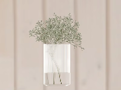 Transparent Vertical Striped Vase with Green Delicate Leaves on Wooden Wall Background 3d model