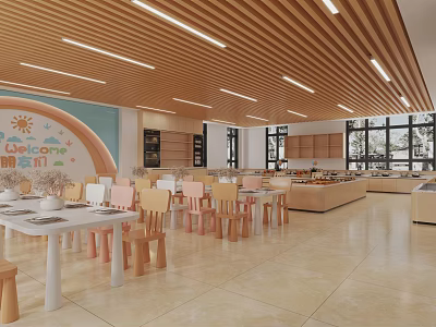 Kindergarten Interior With Wooden Ceiling Linear Lights Colorful Wall Decor And Small Tables Chairs 3d model