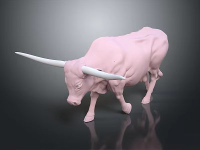 Pink Bull with Long White Horns Standing on Black Background with Reflection 3d model