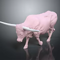 Pink Bull with Long White Horns Standing on Black Background with Reflection