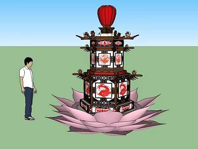 Traditional Chinese Multi Tiered Lantern With Lotus Base And Decorative Patterns 3d model