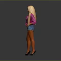 Blonde Woman In Pink Shirt And Denim Shorts Standing With High Heels On Gray Background