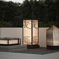 Modern Outdoor Lights With Geometric Patterns And Warm Glow In Garden Courtyard
