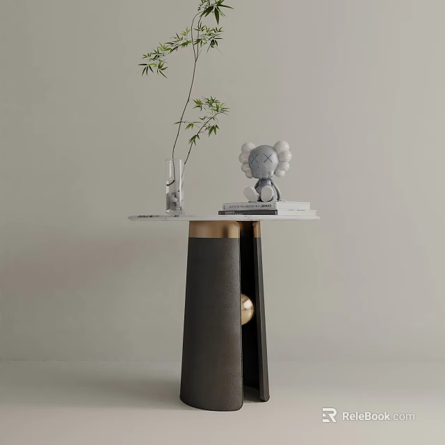 Modern Side Table With Marble Top Black Gold Base Vase Green Plant Figurine And Books 3d model 