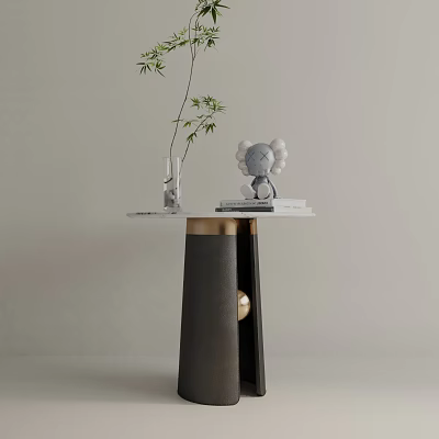 Modern Side Table With Marble Top Black Gold Base Vase Green Plant Figurine And Books 3d model
