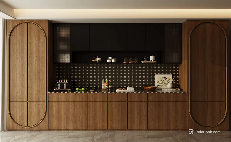 Modern Wooden Wine Cabinet Design With Black Upper Cabinets And Tile Backsplash 3d model 